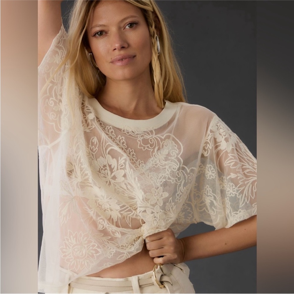 By Anthropologie Sheer Floral Lace Top